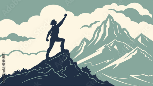 Silhouette of person on mountain peak with raised fist against a backdrop of mountains and clouds