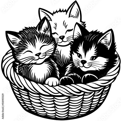 Three adorable kittens cuddled together in a woven basket