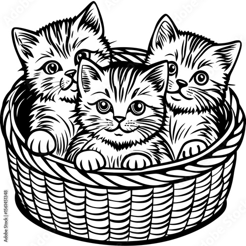 Three adorable tabby kittens peeking out of a woven basket