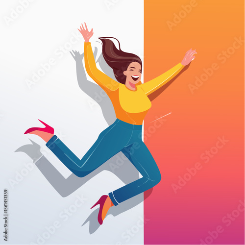 person jumping mid-air in vivid clothing against a stark, vibrant color wall