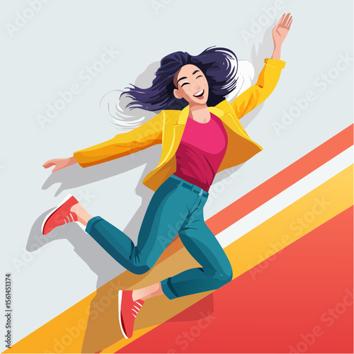 person jumping mid-air in vivid clothing against a stark, vibrant color wall