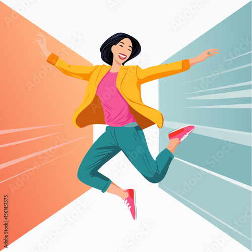 person jumping mid-air in vivid clothing against a stark, vibrant color wall