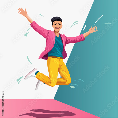 person jumping mid-air in vivid clothing against a stark, vibrant color wall