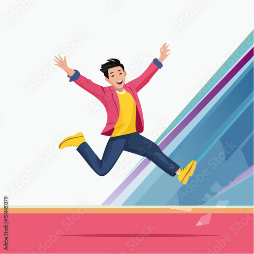 person jumping mid-air in vivid clothing against a stark, vibrant color wall