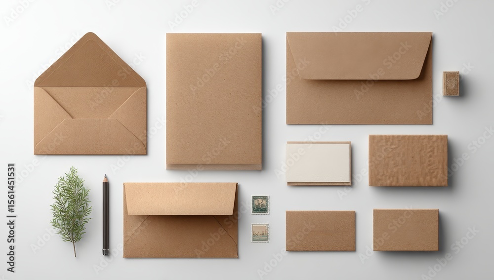 Flatlay of kraft stationery envelopes, cards, box, pencil, sprig Flatlay of kraft stationery envelopes, cards, box, pencil, sprig