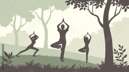 Silhouetted figures practicing yoga poses in a serene outdoor forest environment with trees and foliage