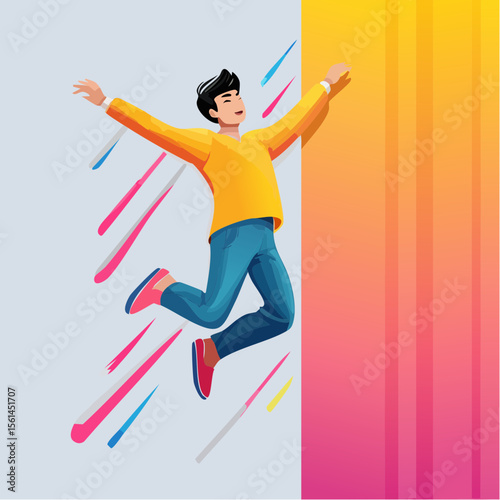 person jumping mid-air in vivid clothing against a stark, vibrant color wall