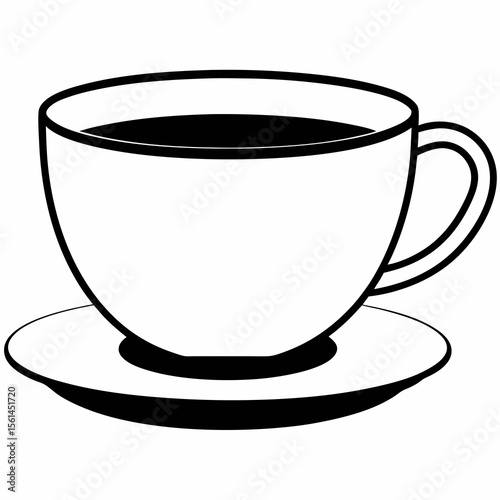Stylized black and white line art illustration of a coffee cup and saucer