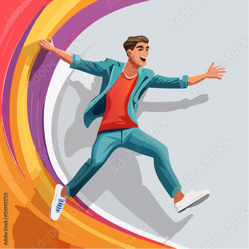 person jumping mid-air in vivid clothing against a stark, vibrant color wall