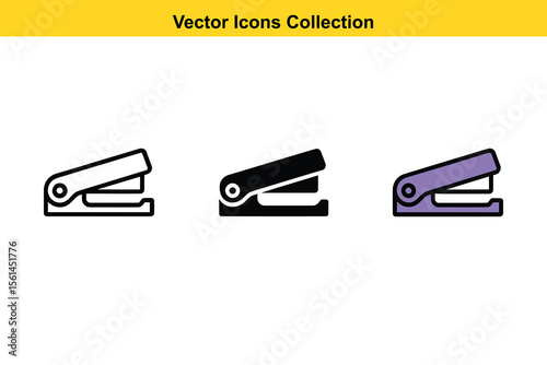 Collection of stapler icons in different styles and colors for office supplies