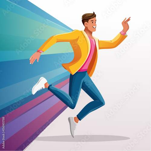 person jumping mid-air in vivid clothing against a stark, vibrant color wall