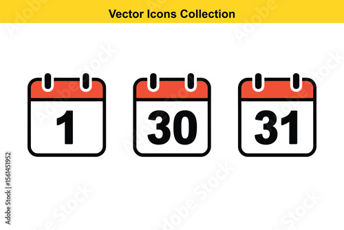 Collection of three vector calendar icons showing days one thirty and thirty one