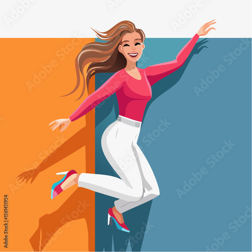 person jumping mid-air in vivid clothing against a stark, vibrant color wall