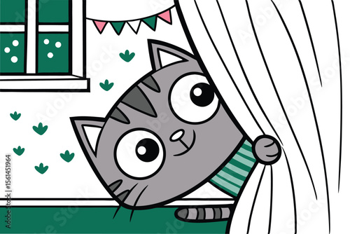 Cute cartoon cat playing hide and seek behind a colorful curtain