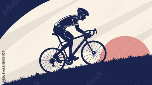 Silhouette of cyclist riding bicycle uphill against a backdrop of a rising sun and grass landscape design