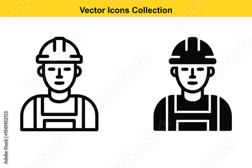 Two simple vector icons of a construction worker with hard hat and overalls