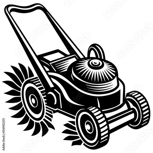 Black and white illustration of a modern lawn mower with stylized wheels