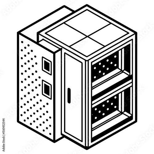 Isometric outline drawing of a modern server rack with a closed door and ventilated sides
