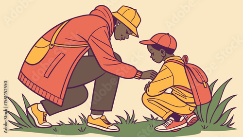 Illustration of a father kneeling and comforting his son outdoors in a grassy area with backpacks on