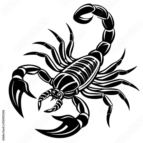 Stylized black and white illustration of a scorpion with claws raised
