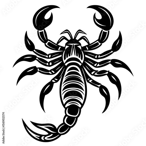 Stylized black scorpion silhouette with segmented tail and claws