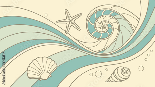 Illustration of seashells starfish and nautilus shell on a wavy background with small bubbles design