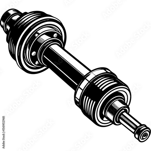 Detailed black and white illustration of a car cv joint assembly on a white background