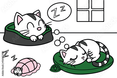 Charming cartoon cats in various adorable sleeping poses