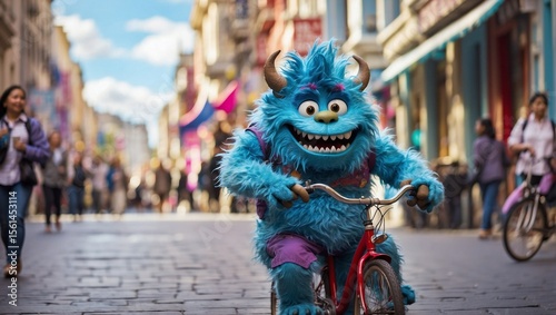 Joyful Monster Rides Bike Past Crowds

