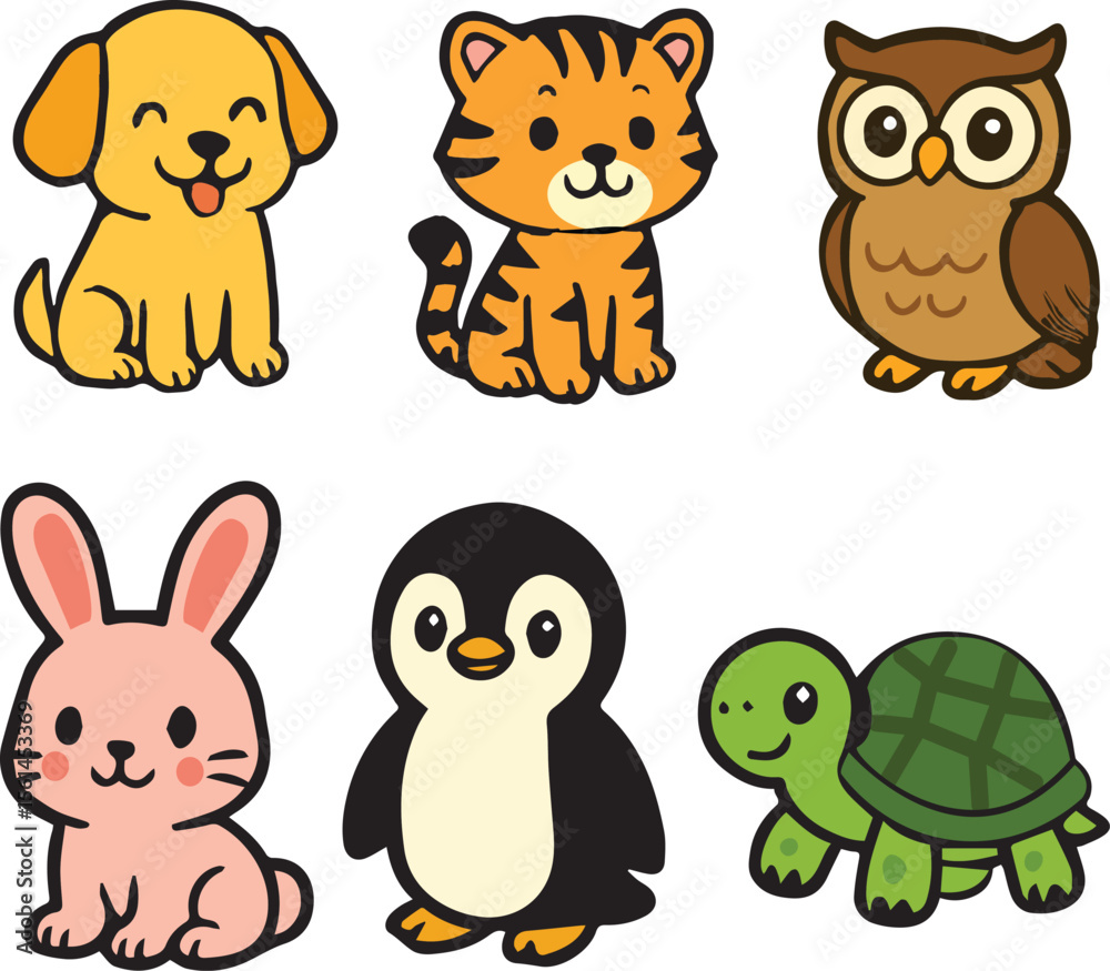 Obraz premium Cartoon Illustration of Cute Animal Characters Set vector illustration