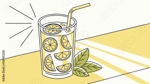 Illustration of a glass filled with lemonade and lemon slices with a straw and leaves on the side