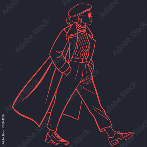 Fashionable woman in coat and beret walking with hands in pockets in red outline on dark background