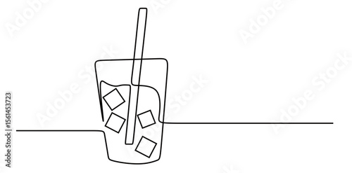 continuous single line art of a glass filled with water and ice cubes and a straw