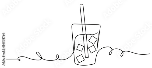 continuous single line art of a glass filled with water and ice cubes and a straw