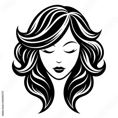 Stylized black and white vector illustration of a woman s face with flowing hair