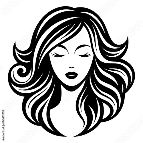 Elegant black and white illustration of a woman s face with flowing hair