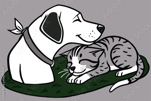 Charming illustration of a cat and dog interacting affectionately in a playful moment