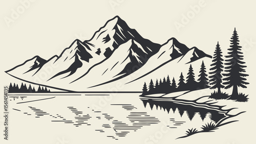 Illustration of a mountain range with a lake and trees in a minimalist black and white style design view
