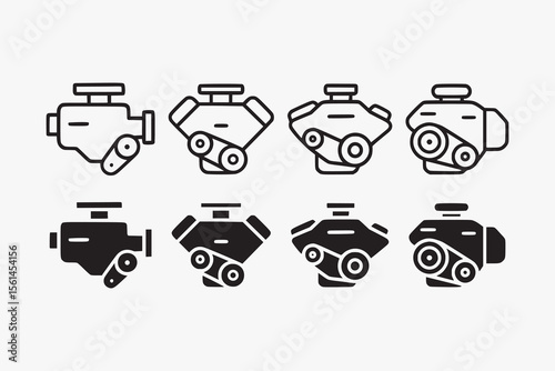 automotive engine icon set in outline and filled style for garage, workshop and repair. car engine parts silhouette collection. car motor element designs with inline, v, boxer, rotary type
