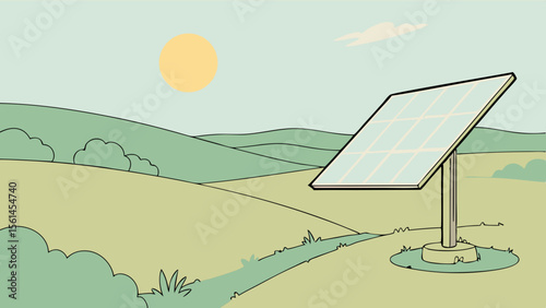Illustration of a solar panel in a field with rolling hills and a sun in the sky on a bright day view