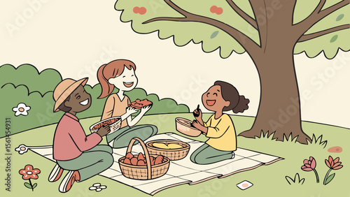 A group of friends enjoying a picnic under a tree with baskets of food and flowers on a blanket outside