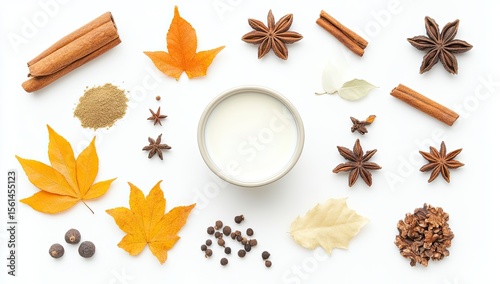 Fototapeta Naklejka Na Ścianę i Meble -  Autumnal spice ingredients arranged on white background. A small bowl of milk sits in the center, surrounded by cinnamon sticks, star anise, dried leaves, and various spices
