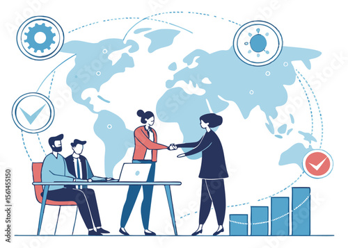 Business Agreement Concept. Vector illustration in flat style of a group of diverse people sitting at a desk and two businessmen at the head shaking hands with a world map in the background.