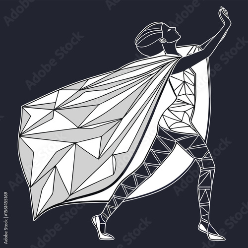 Geometric woman in motion with cape raised arm and stylized leggings on a dark background art deco style