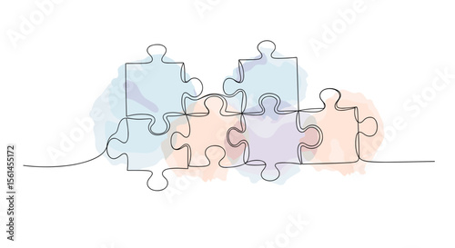 Puzzle pieces – one-line doodle drawing with watercolor fill in pastel blue, peach, and lavender on white background
