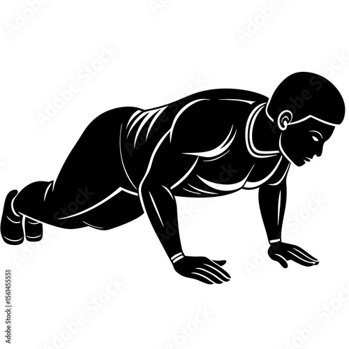 Fit man performing a push up exercise in a stylized black and white illustration