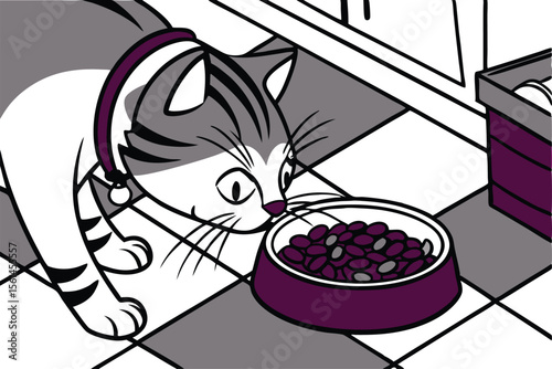 Cute cat happily eating delicious food from its bowl