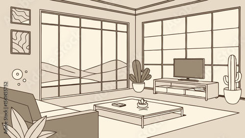 Illustration of a living room with large windows, furniture, and potted plants in a simple style