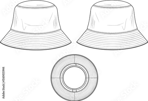 Bucket hat technical cad drawing, flat vector illustration, headwear design sketch, top and side view template for fashion accessories