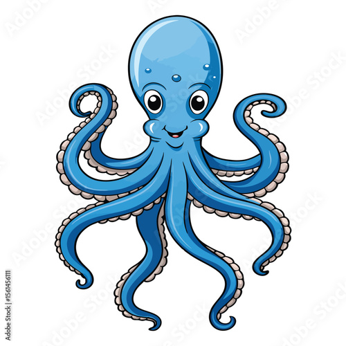 Cute cartoon blue octopus with smiling face and waving tentacles isolated on transparent background